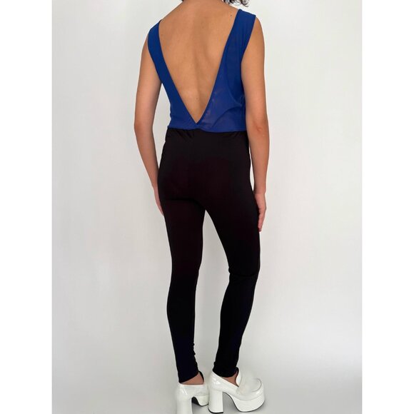 vintage blue fitted clubbing festival party backless mesh pant catsuit jumpsuit - Picture 3 of 9